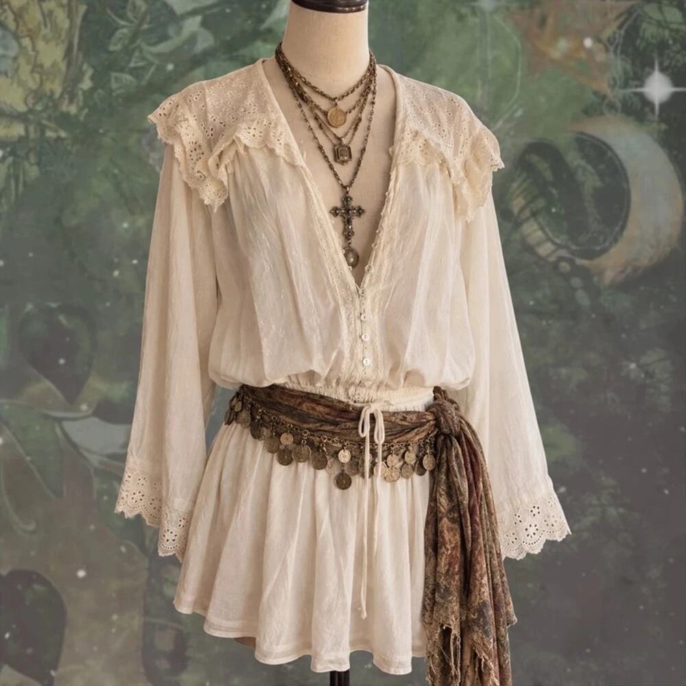 Free People Happy All The Time Mini Dress Ivory Lace Pirate Core Boho S